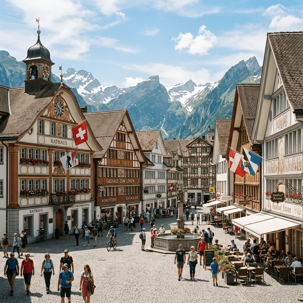 Swiss village square with Rathaus building, people walking, outdoor cafes, and mountains