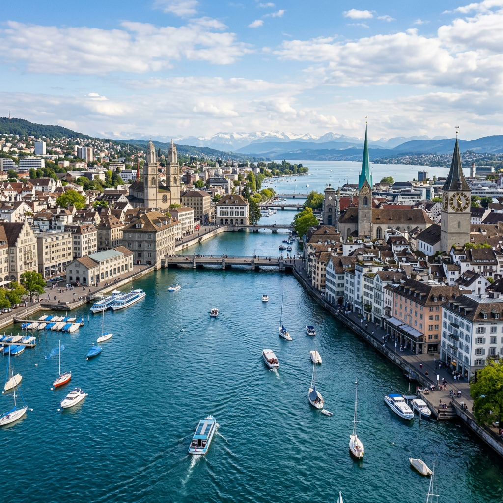 Limmat River with boats and historic buildings in Zurich, Switzerland