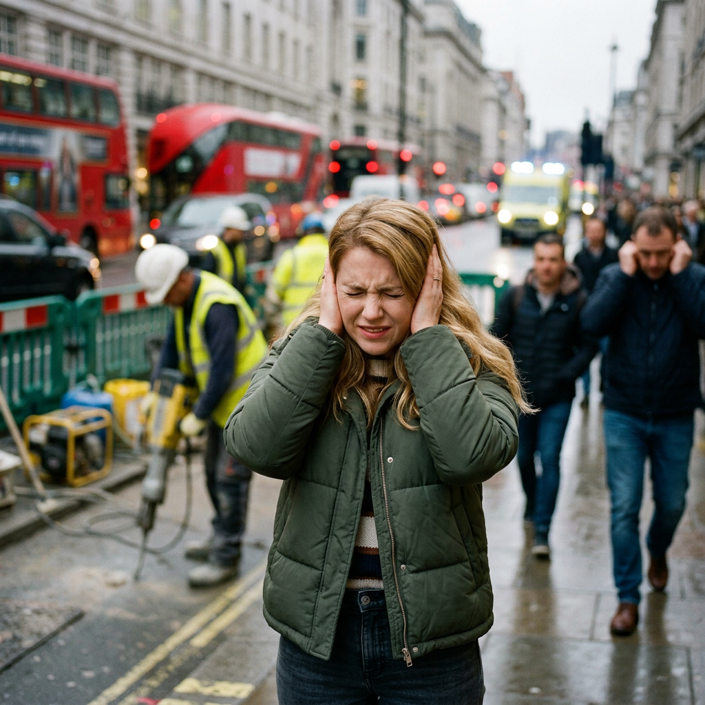 Woman covering ears due to loud street construction noise