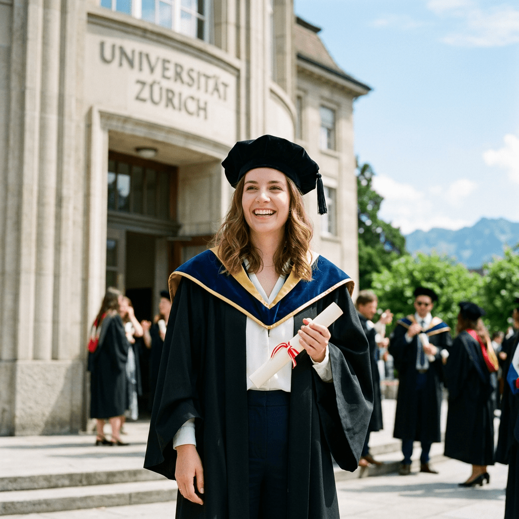 Smiling graduate in academic gown holding diploma outside University of Zurich