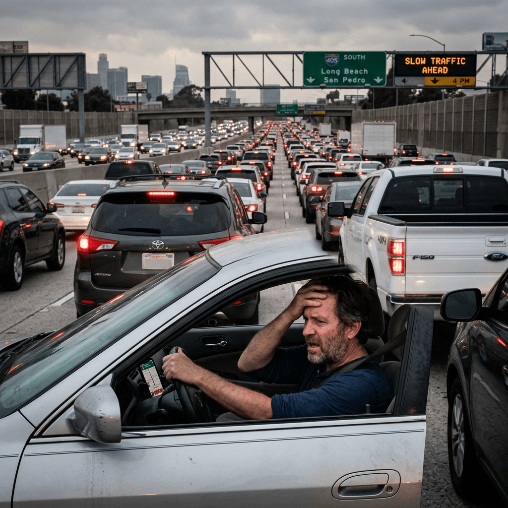 Man holding head sitting in car amid heavy freeway traffic congestion