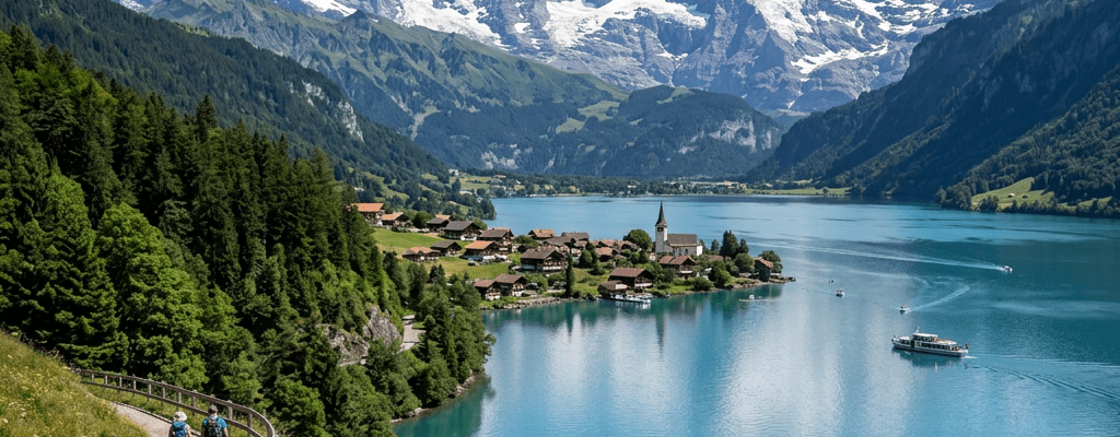 Hikers on a mountain trail near a turquoise alpine lake with snowy peaks