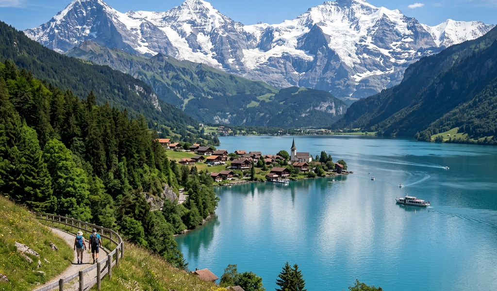 Hikers on a mountain trail near a turquoise alpine lake with snowy peaks