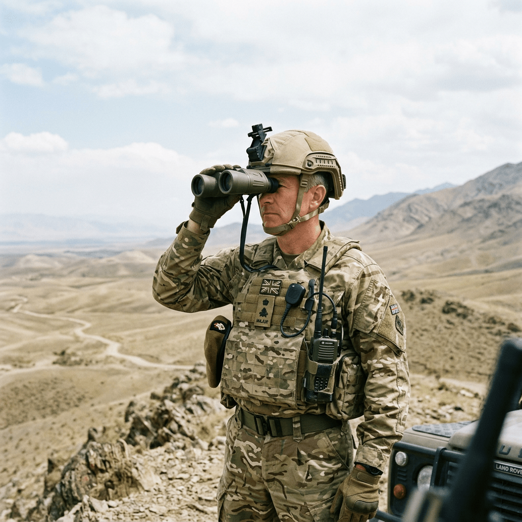 Soldier in camouflage uniform with binoculars overlooking mountainous terrain