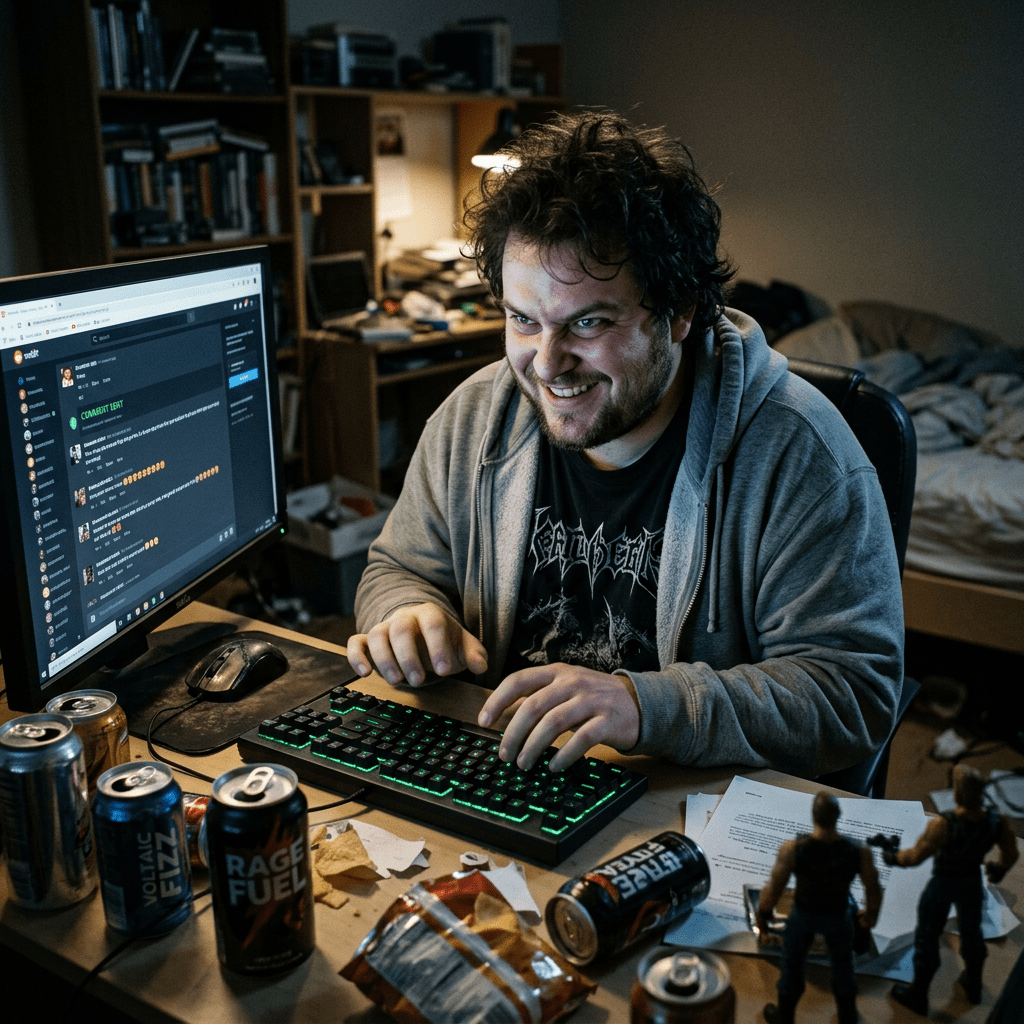 Man smiling intensely while gaming at a cluttered desk with snacks and drinks