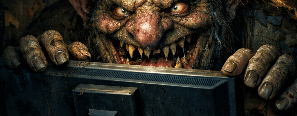 A troll with sharp teeth and glowing eyes using a computer surrounded by trash cans and clutter