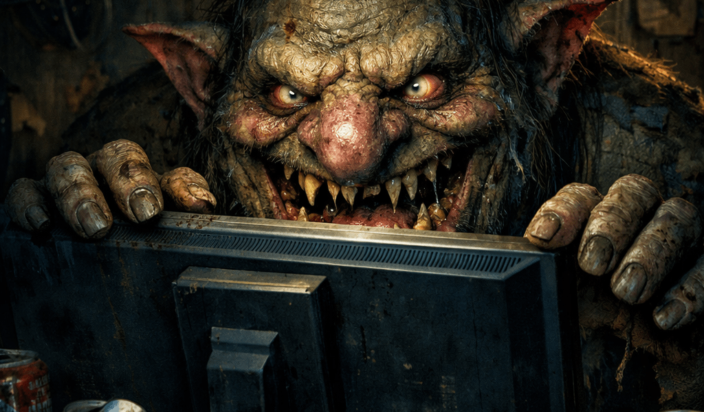 A troll with sharp teeth and glowing eyes using a computer surrounded by trash cans and clutter