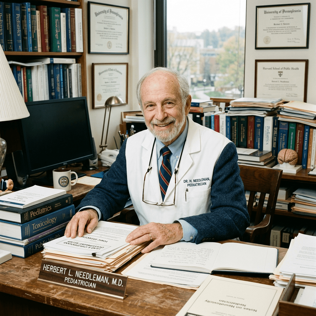 Dr. Herbert L. Needleman, pediatrician, seated at desk with medical books and papers