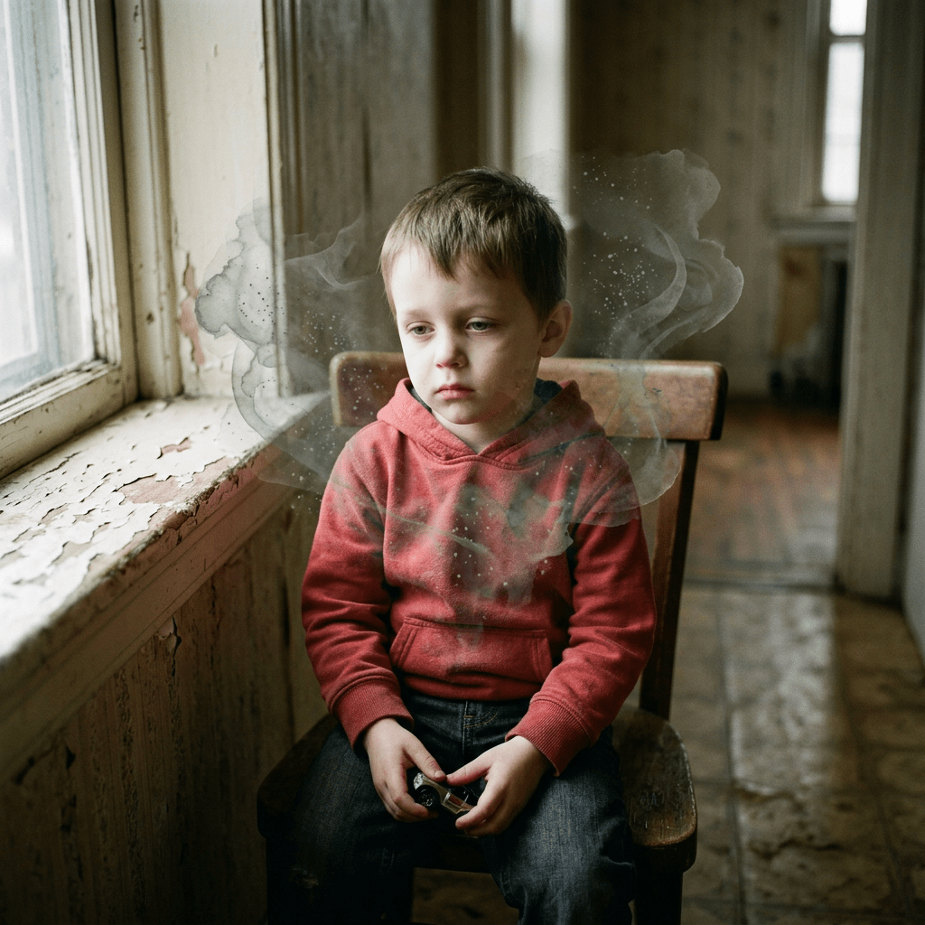 Sad young boy in red hoodie sitting on wooden chair with smoke around him near aged window
