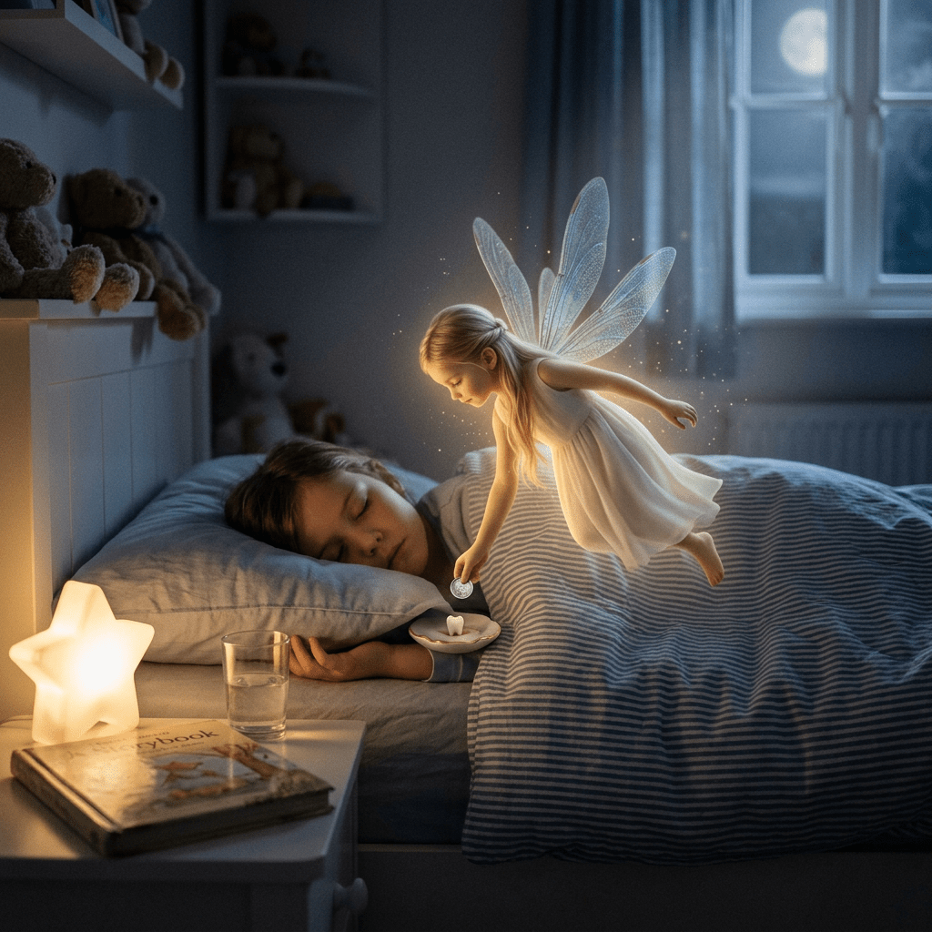 Sleeping child with glowing fairy collecting a tooth at night