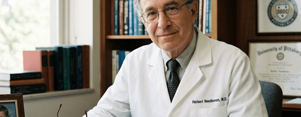 Doctor Herbert L. Needleman in white coat reading a book in an office