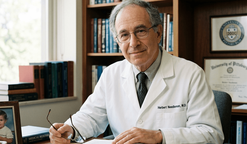 Doctor Herbert L. Needleman in white coat reading a book in an office