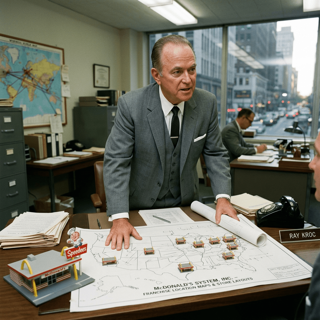Man in suit standing over a McDonald's franchise location map and model in an office