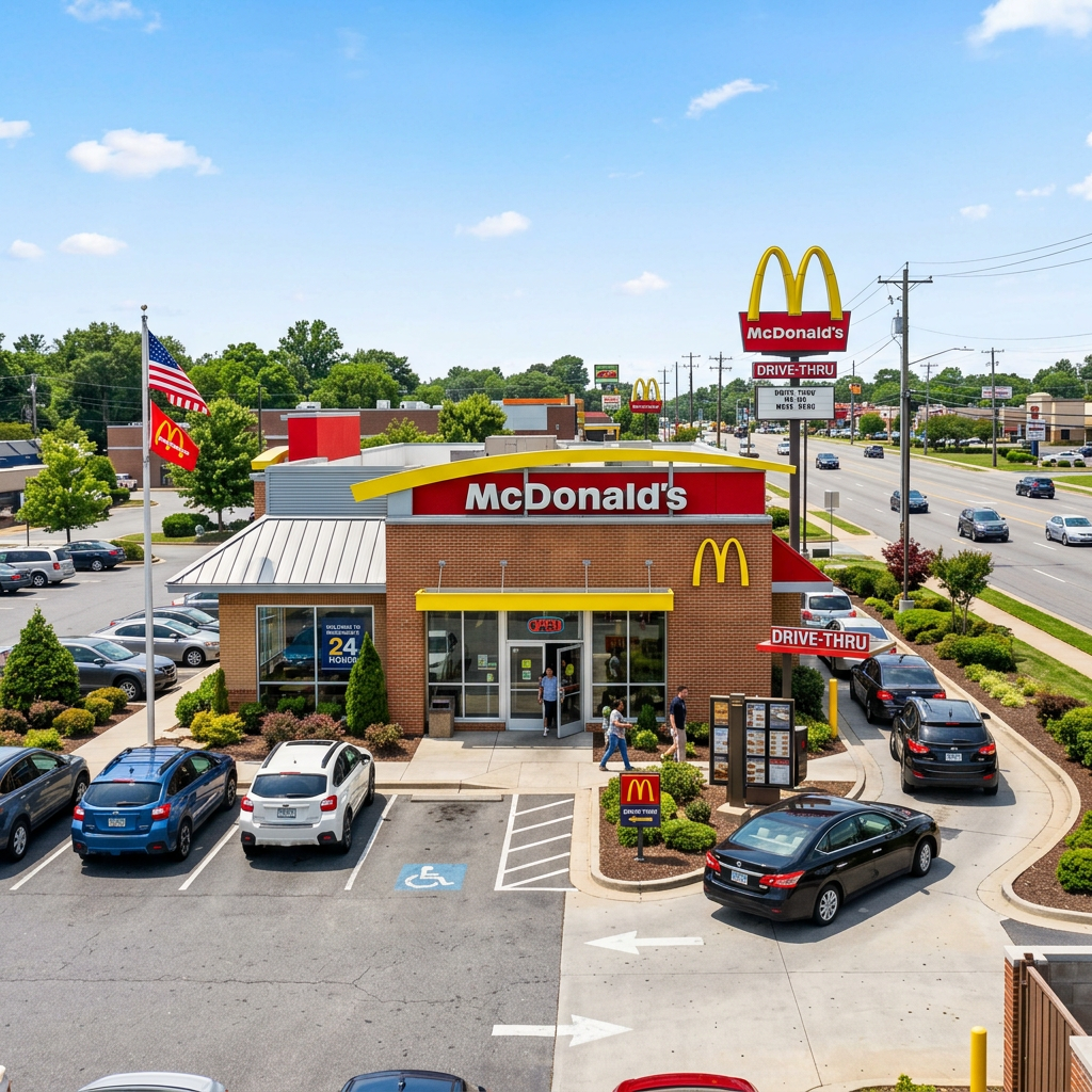 McDonald's restaurant with cars in drive-thru lane and parked in lot, American and McDonald's flags.