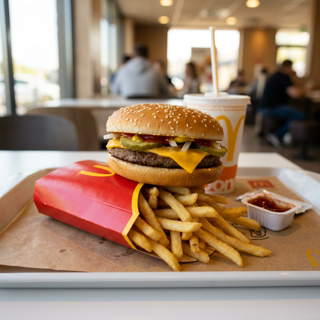Cheeseburger with pickles, onions, and ketchup on sesame bun, fries in red container, soda cup with straw