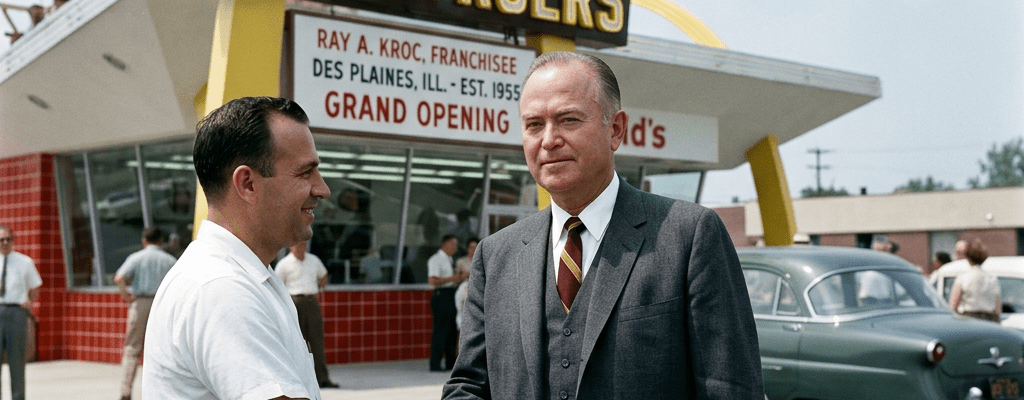 Two men shaking hands outside McDonald's with grand opening sign