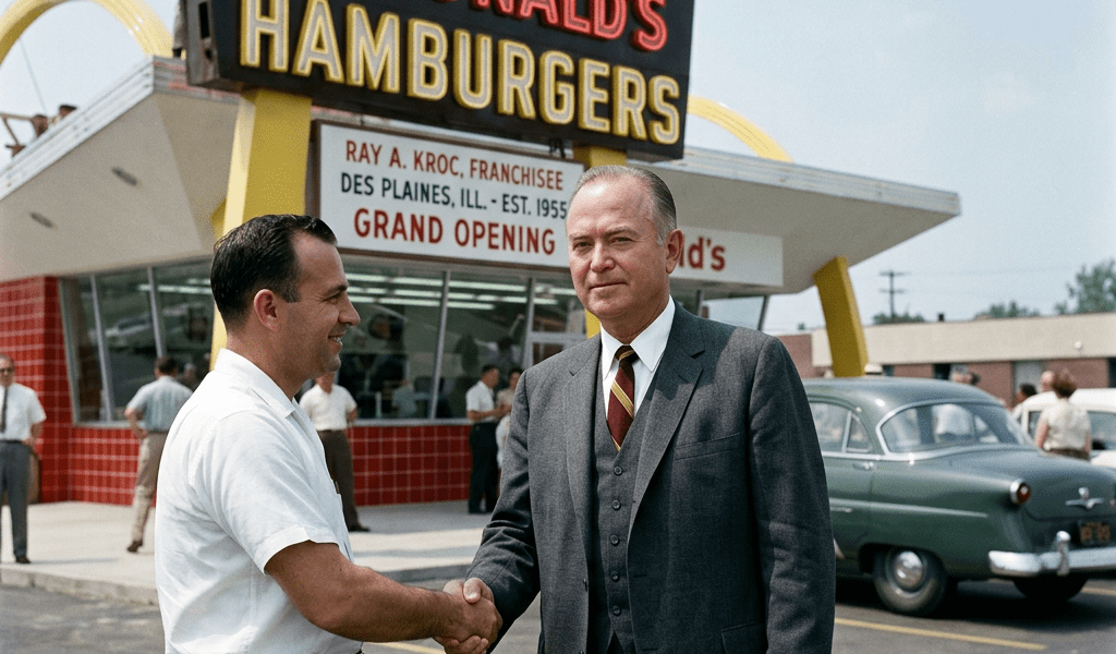 Two men shaking hands outside McDonald's with grand opening sign