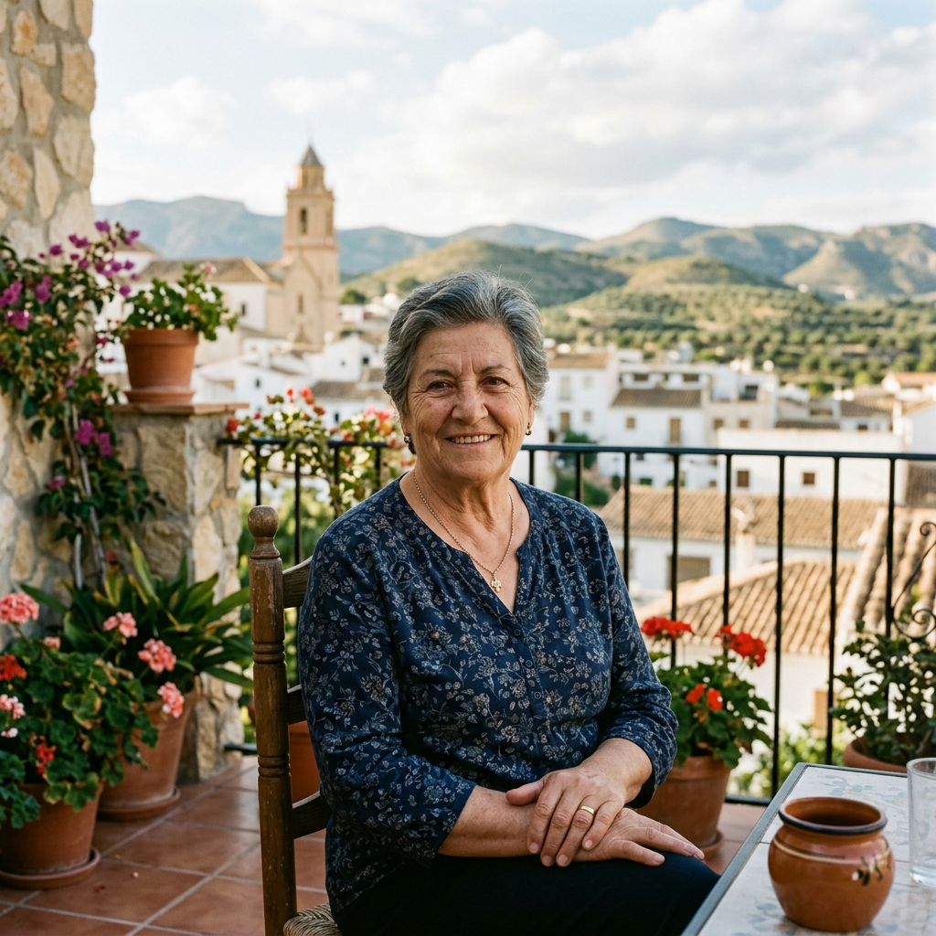 Elderly woman sitting on terrace with village and mountains in background