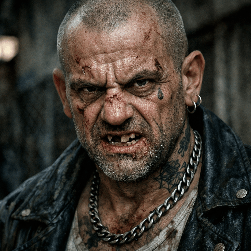 Man with scars, tattoos, and chain necklace snarling