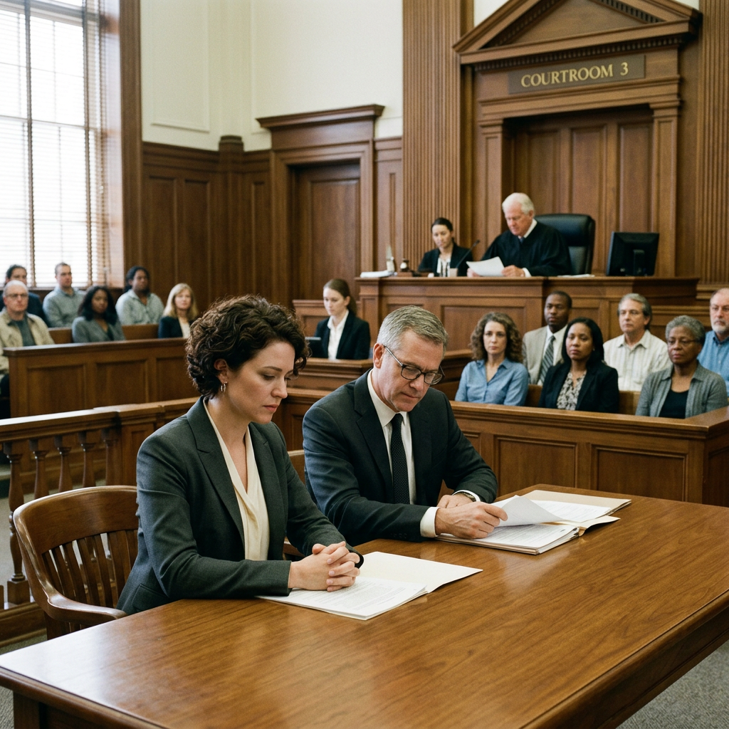 Two lawyers reviewing documents at a courtroom table with a judge and jury present