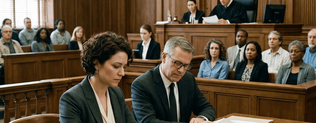 Two lawyers reviewing documents at a courtroom table with a judge and jury present