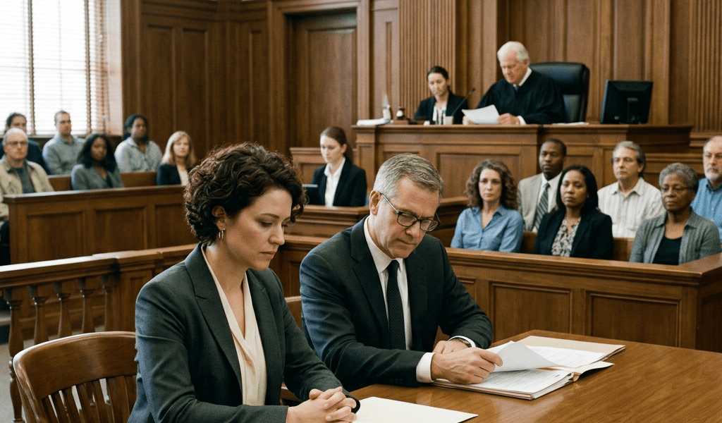 Two lawyers reviewing documents at a courtroom table with a judge and jury present