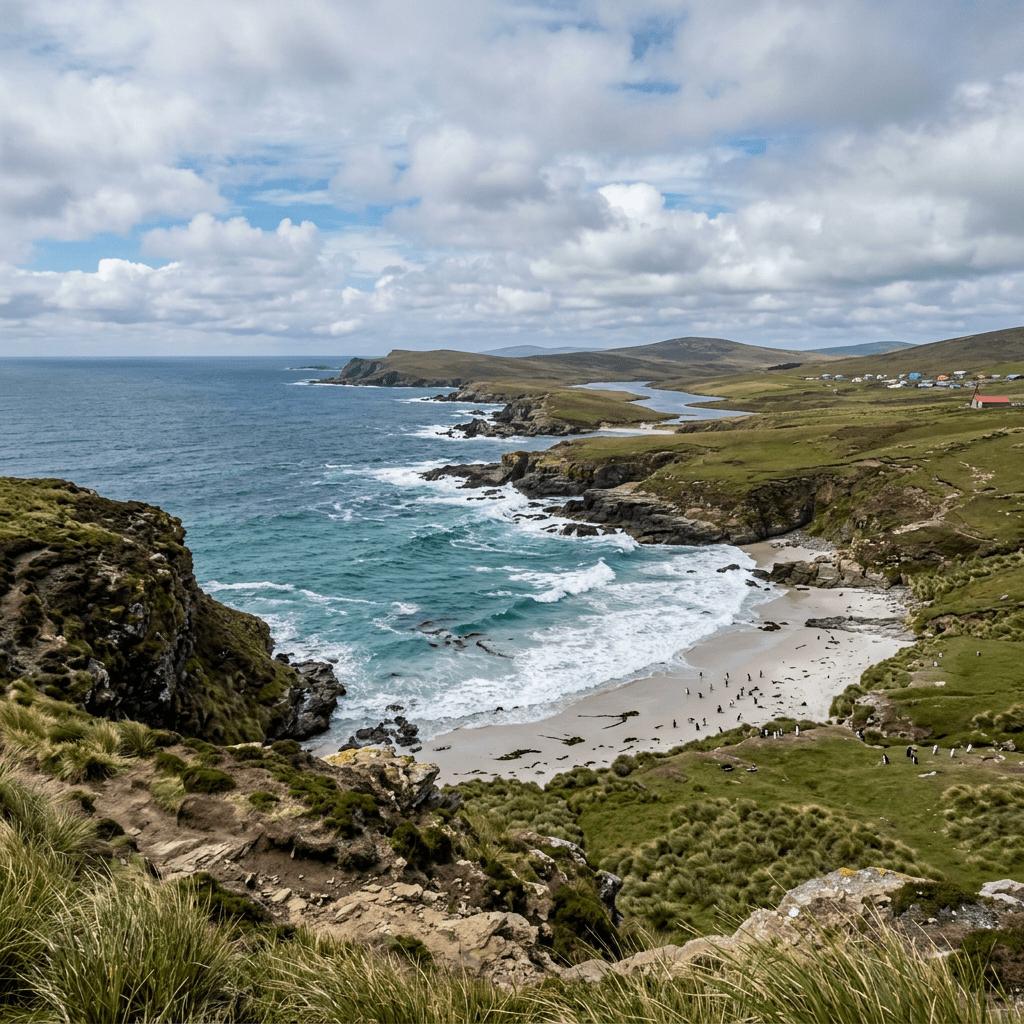 Rocky coastal cliffs with waves, sandy beach, and penguins near grassy hills