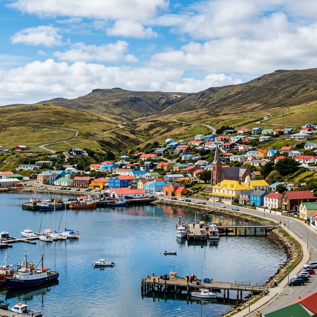 Harbor with boats and colorful houses by hillside