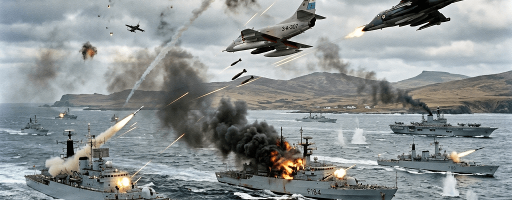 Warships exchanging fire and fighter jets launching attacks near coastline