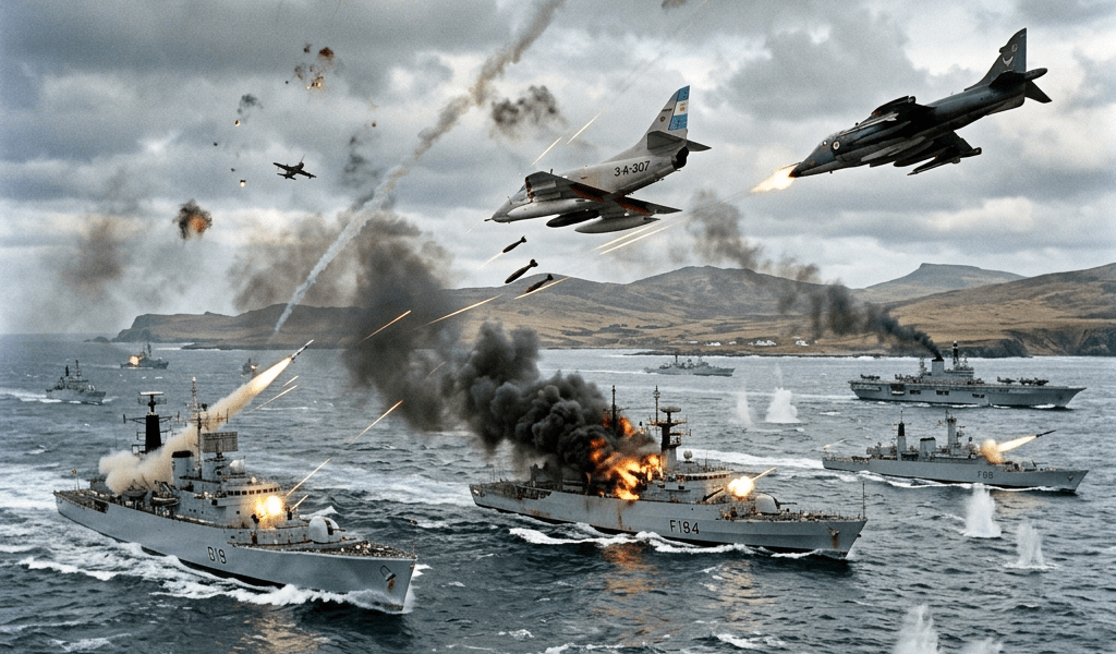 Warships exchanging fire and fighter jets launching attacks near coastline