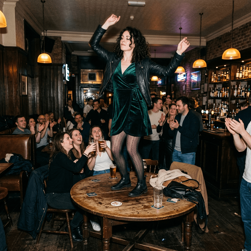 A woman in a green dress standing on a pub table dancing as friends applaud and cheer around her