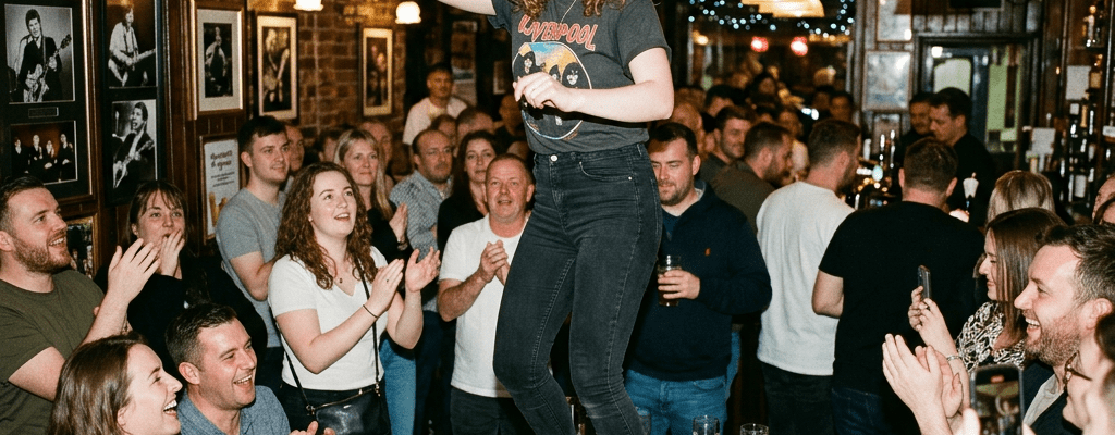 Young woman dancing on a table in a busy pub with people clapping and smiling