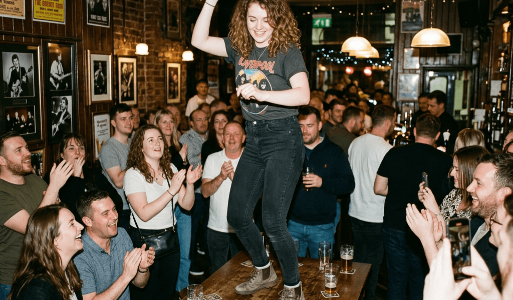 Young woman dancing on a table in a busy pub with people clapping and smiling