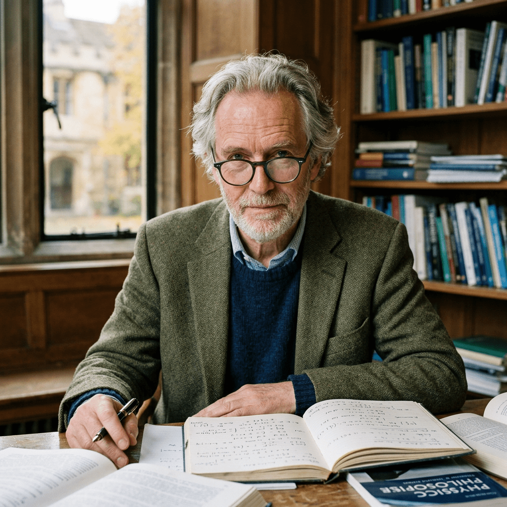Older man with glasses studying advanced physics notebooks in a library