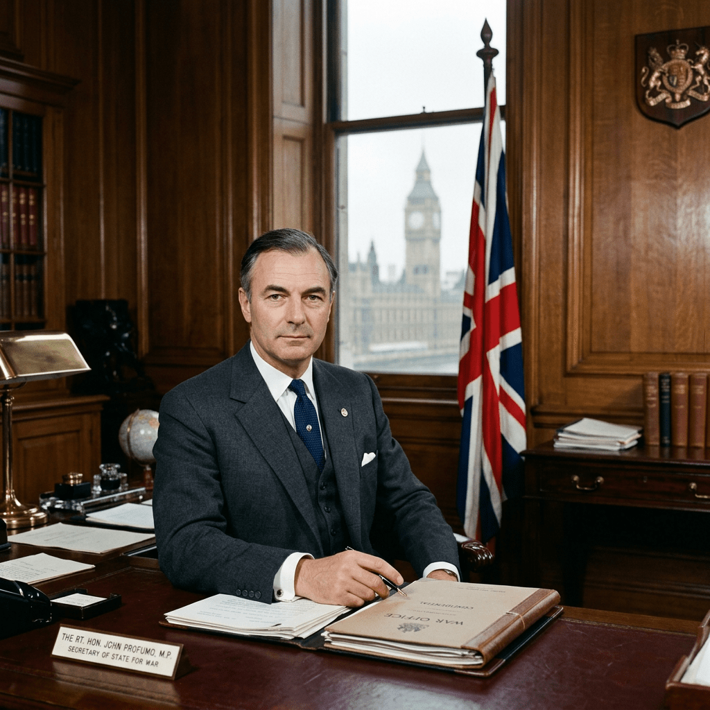 John Profumo sitting at a desk in an office with Union Jack flag and Big Ben visible