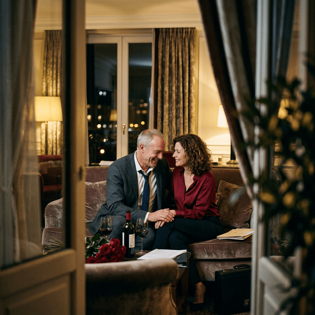Couple sitting close on sofa with wine glasses and bouquet of red roses
