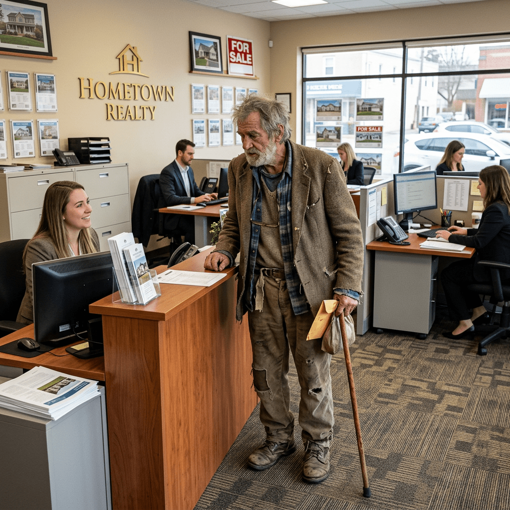 Elderly man with tattered clothes and cane speaking to receptionist at real estate office counter