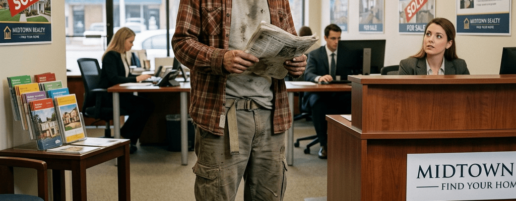 A man in worn clothes holding a newspaper inside a modern real estate office talking to a receptionist at the front desk