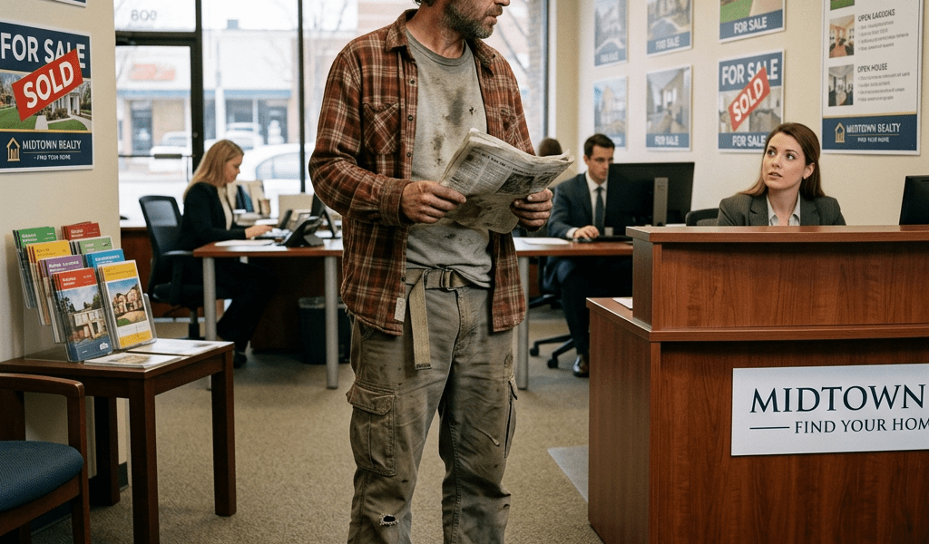 A man in worn clothes holding a newspaper inside a modern real estate office talking to a receptionist at the front desk