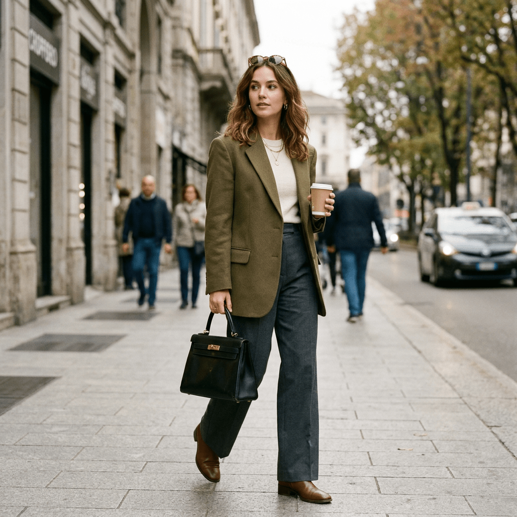 Woman in olive blazer and gray pants walking with coffee and black handbag on city sidewalk