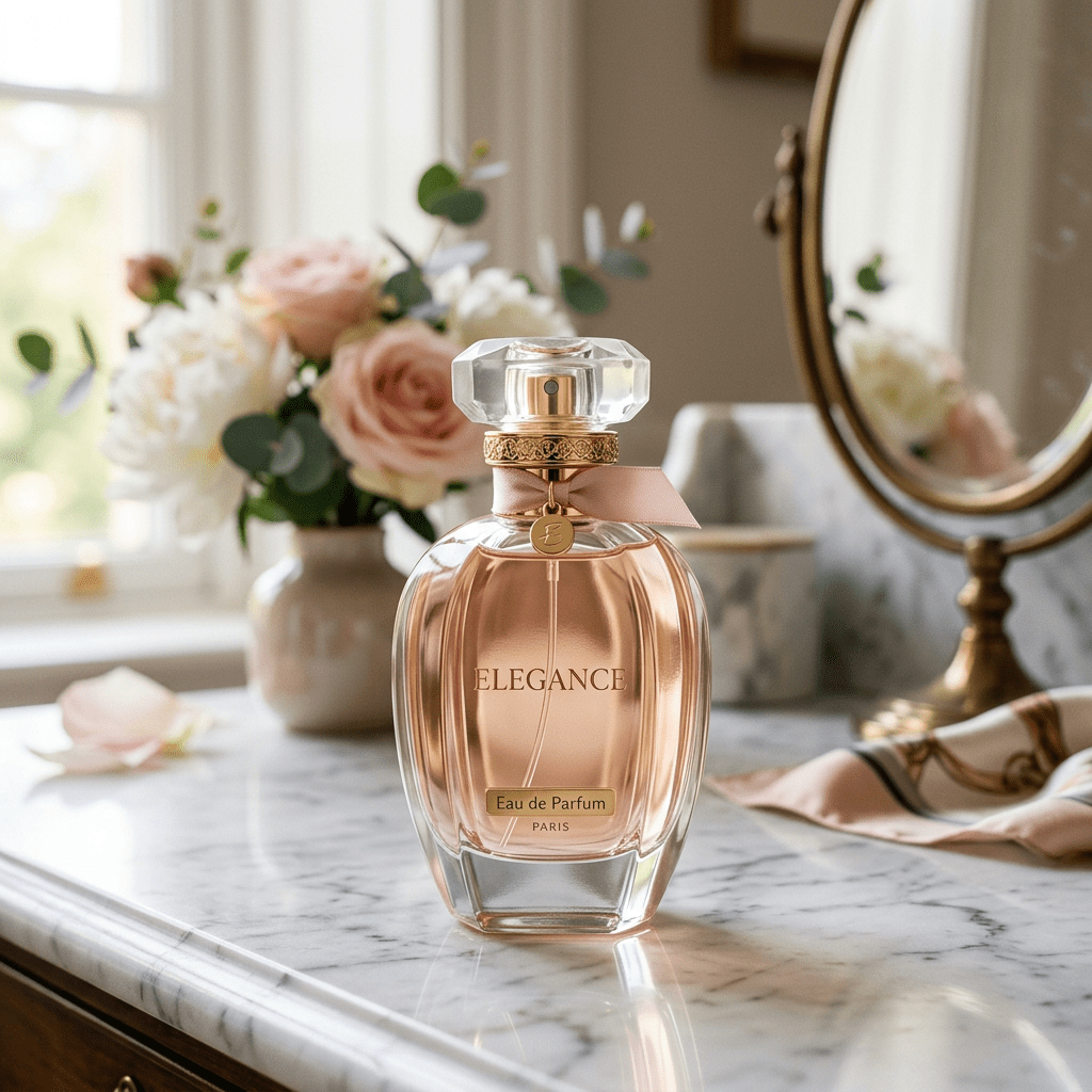 Glass perfume bottle labeled Elegance Eau de Parfum Paris on marble vanity with flowers and mirror