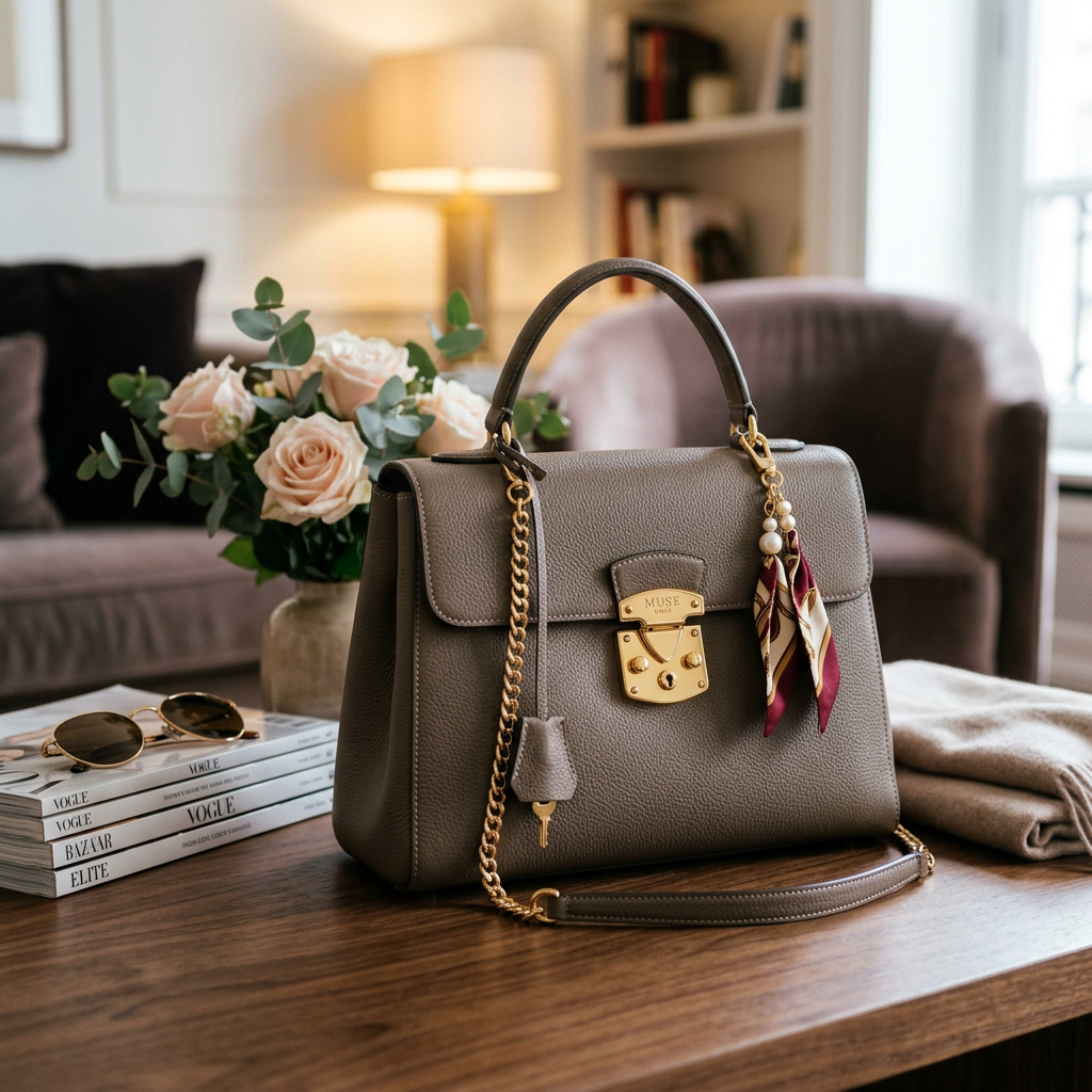 Taupe leather handbag with gold lock and chain, decorated with a scarf and pearls, placed on a wooden table