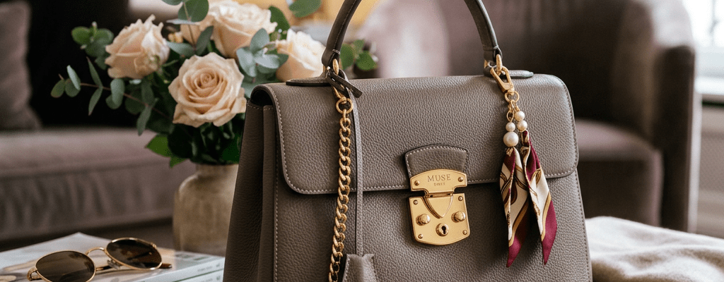 Taupe leather handbag with gold lock and chain, decorated with a scarf and pearls, placed on a wooden table