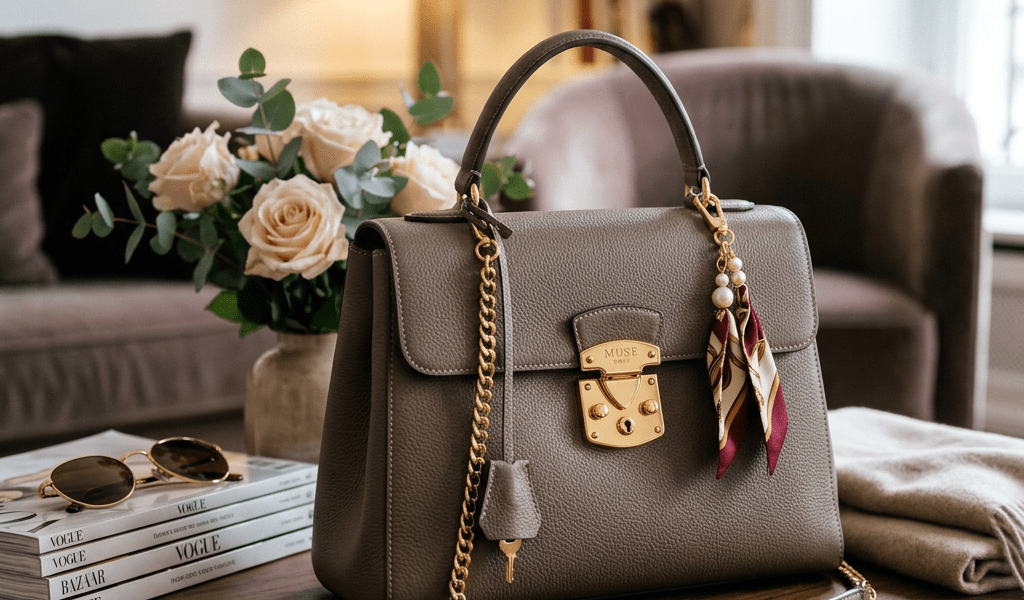 Taupe leather handbag with gold lock and chain, decorated with a scarf and pearls, placed on a wooden table