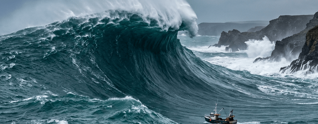 Fishing boat on rough sea with huge crashing waves and dark cloudy sky