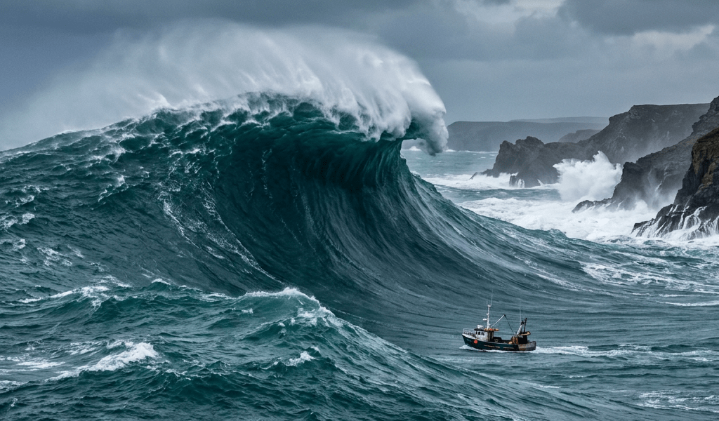 Fishing boat on rough sea with huge crashing waves and dark cloudy sky