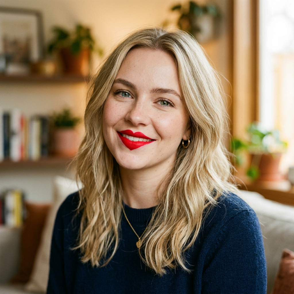 Blonde woman wearing a navy sweater and red lipstick smiling indoors