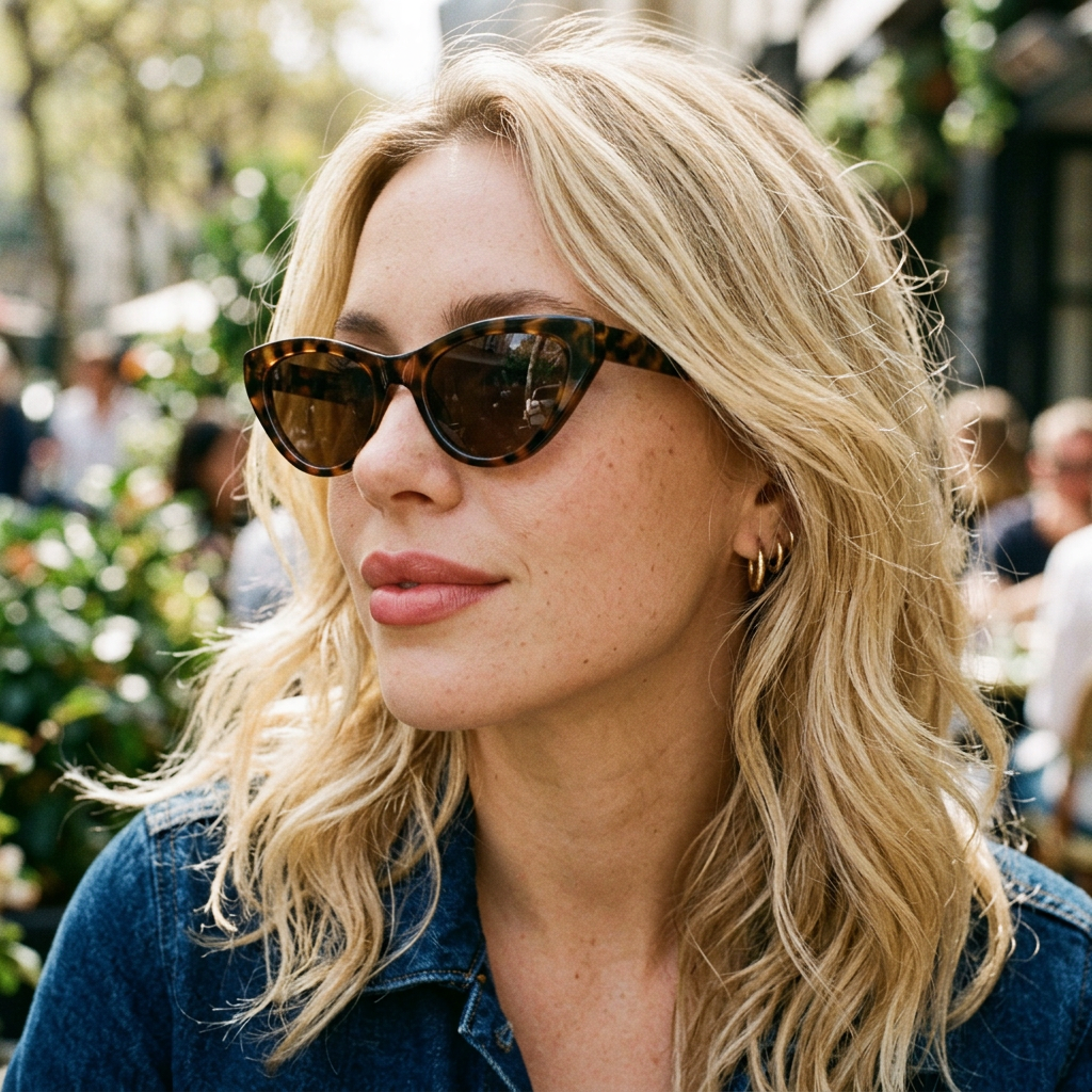 Blonde woman wearing tortoiseshell cat-eye sunglasses and a denim jacket