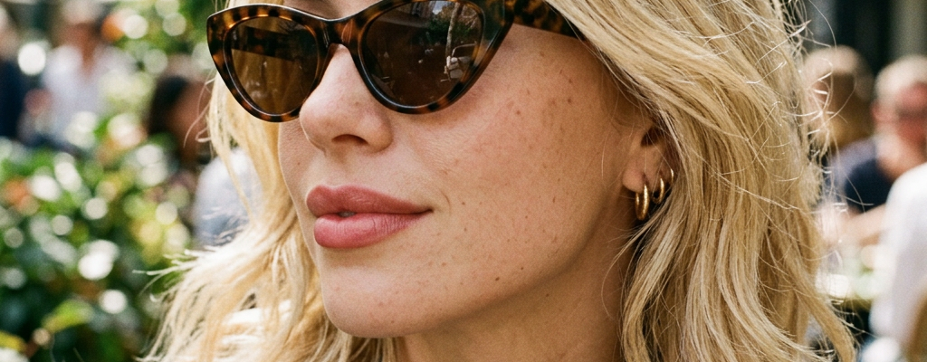 Blonde woman wearing tortoiseshell cat-eye sunglasses and a denim jacket