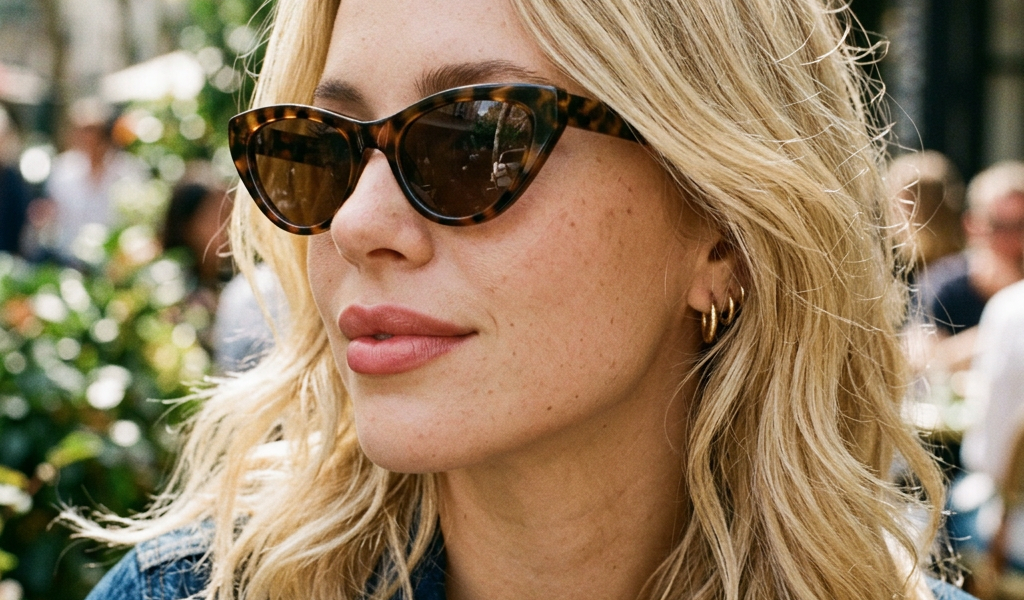 Blonde woman wearing tortoiseshell cat-eye sunglasses and a denim jacket